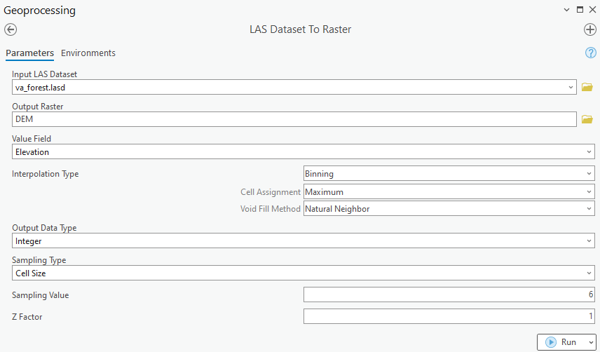 LAS Dataset to Raster parameters for a ground-filtered DEM with 6-foot cells